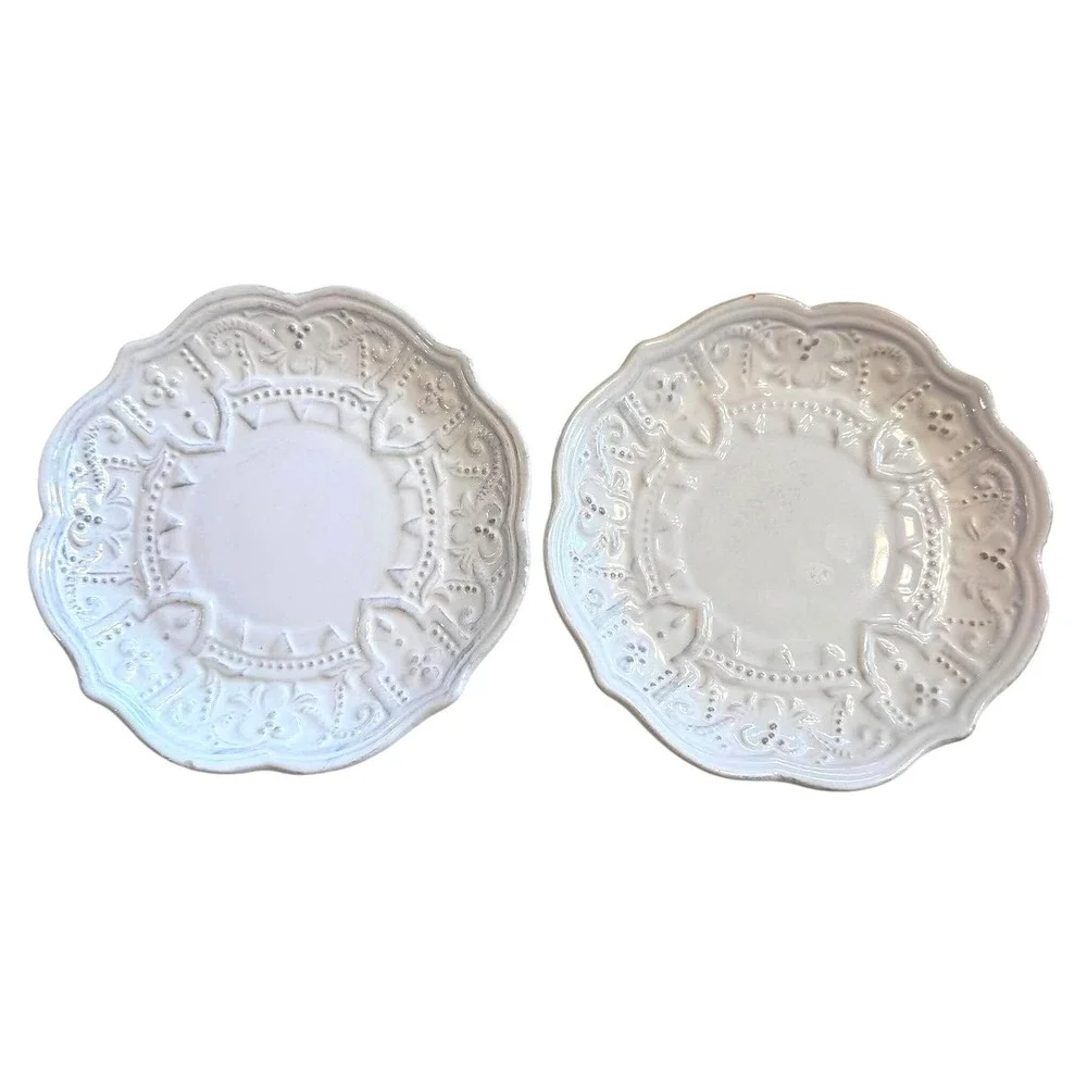 Maison Versailles Blanc White Embossed Scalloped Salad Plates Set of 2 Amelie